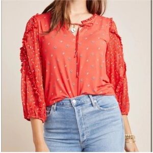 Anthropologie Maeve poppy red printed blouse balloon sleeve M‎